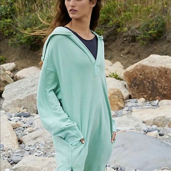 Free People Movement Maxi Sweatshirt Hoodie Spur Of The Moment Aqua Turquoise - Picture 4 of 6